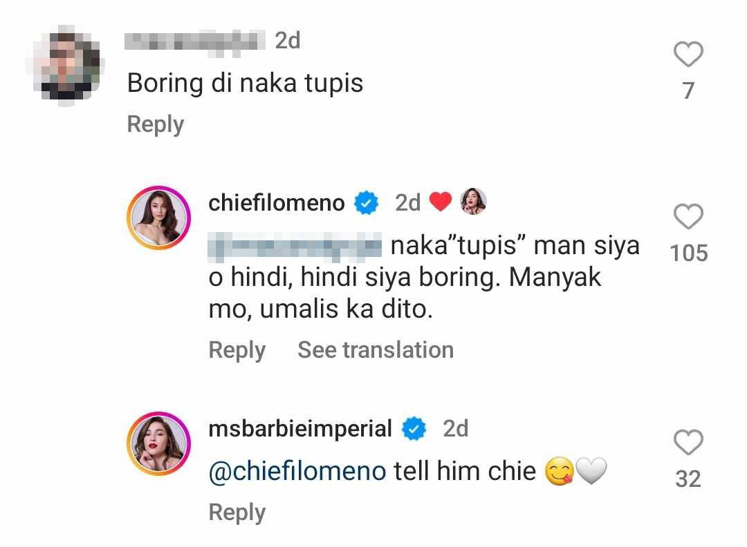 Chie Filomeno Slams Rude Troll On Barbie Imperial's IG Page