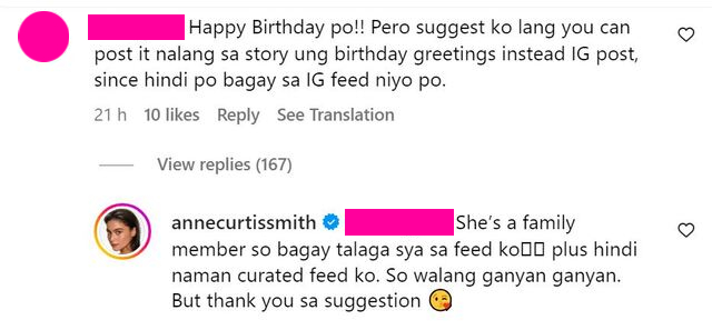 Anne Curtis responds to a netizen