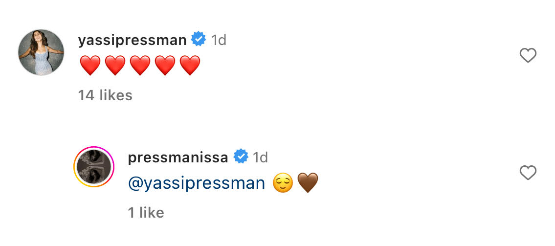 Yassi Pressman comments support and love on Issa Pressman's IG