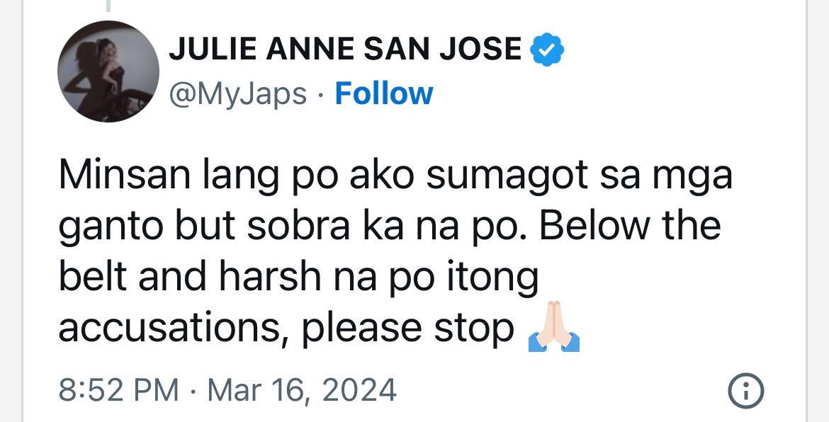 Julie Anne San Jose defends Rayver Cruz on X over malicious comment