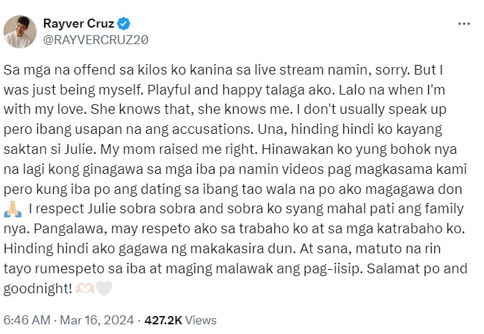 Rayver Cruz apology on X over livestream incident