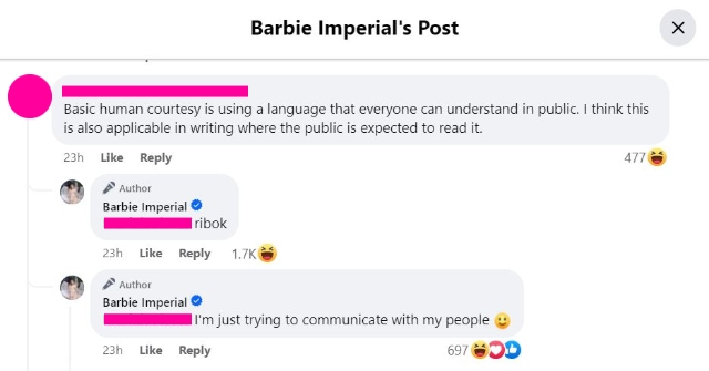 Barbie Imperial's Facebook post in Bicolano