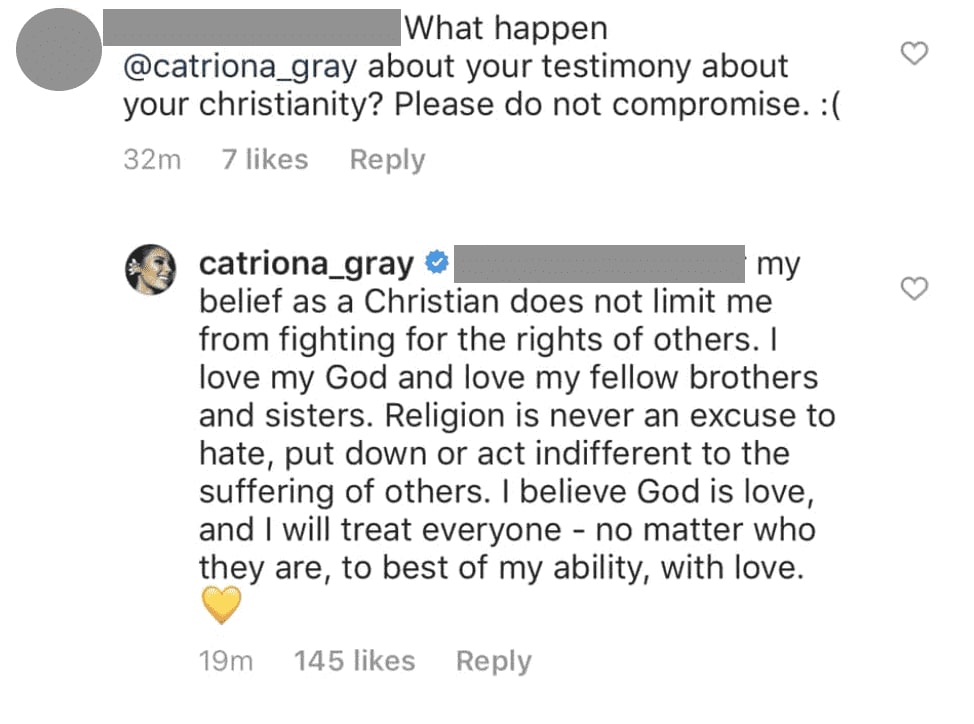 Catriona Gray's response to a netizen