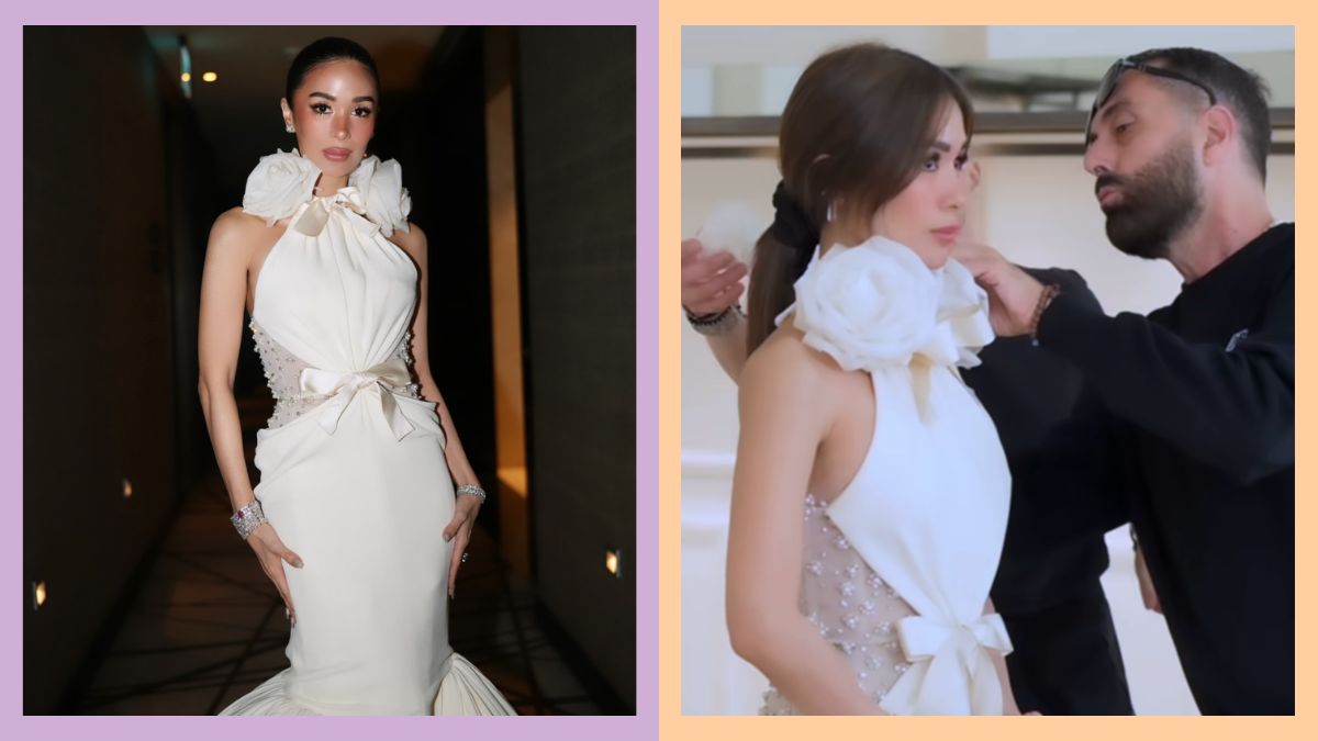 spliced image of heart evangelista's giambattista valli gown