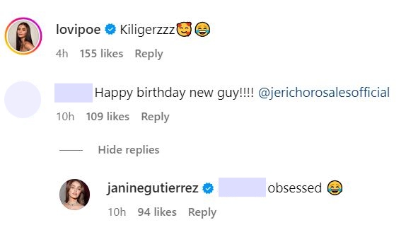 image of comments on Janine Gutierrez's birthday post for Jericho Rosales