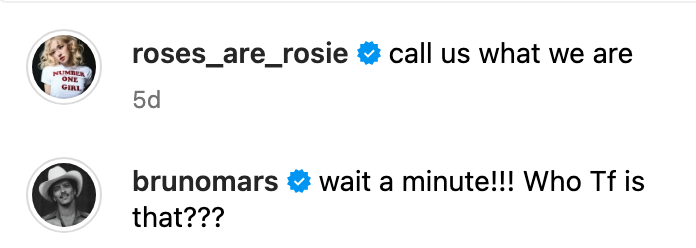 image of bruno mars' comment on blackpink rosé's instagrakm post with evan mock.