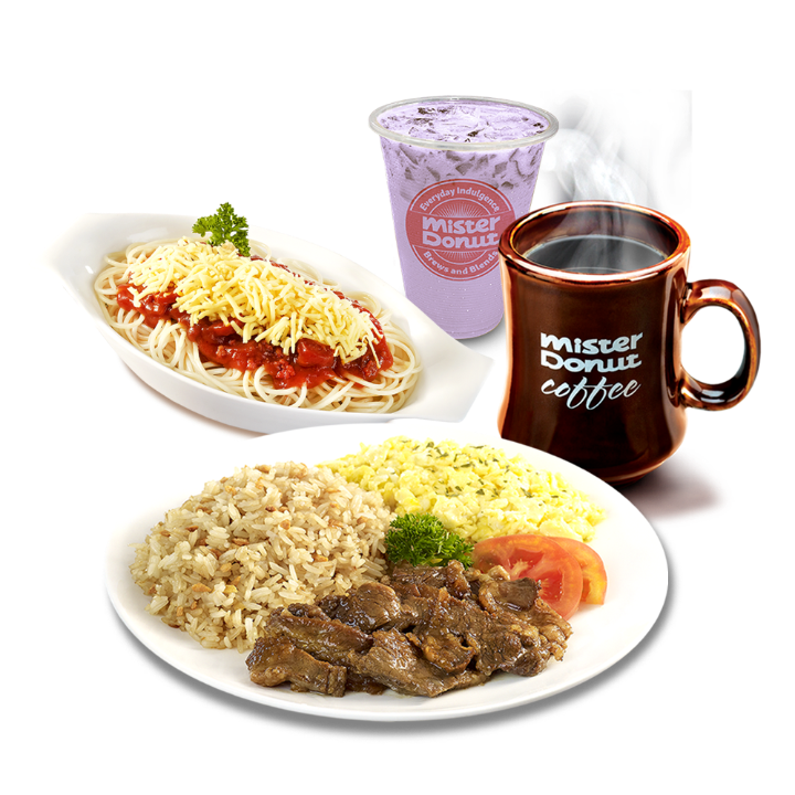 Taro Milktea, Coffee, Cheesy Meattie Spaghetti & Wagyu Tapa Rice Meal