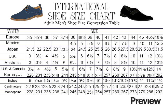 International shoe chart sale