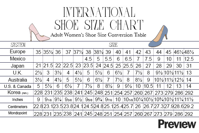 Size Chart Shoes Women S International