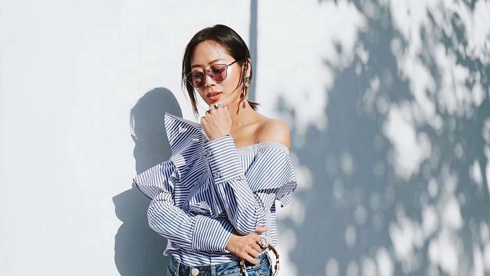 LOTD: Aimee Song Has a Genius Hack If Your Off-Shoulder Top Keeps Falling