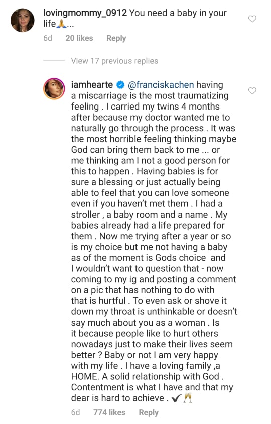 heart evangelista responds to netizen who told her she badly needs to have a baby