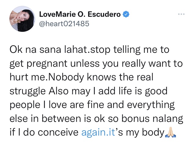 Heart Evangelista admits to feeling the pressure of having a baby