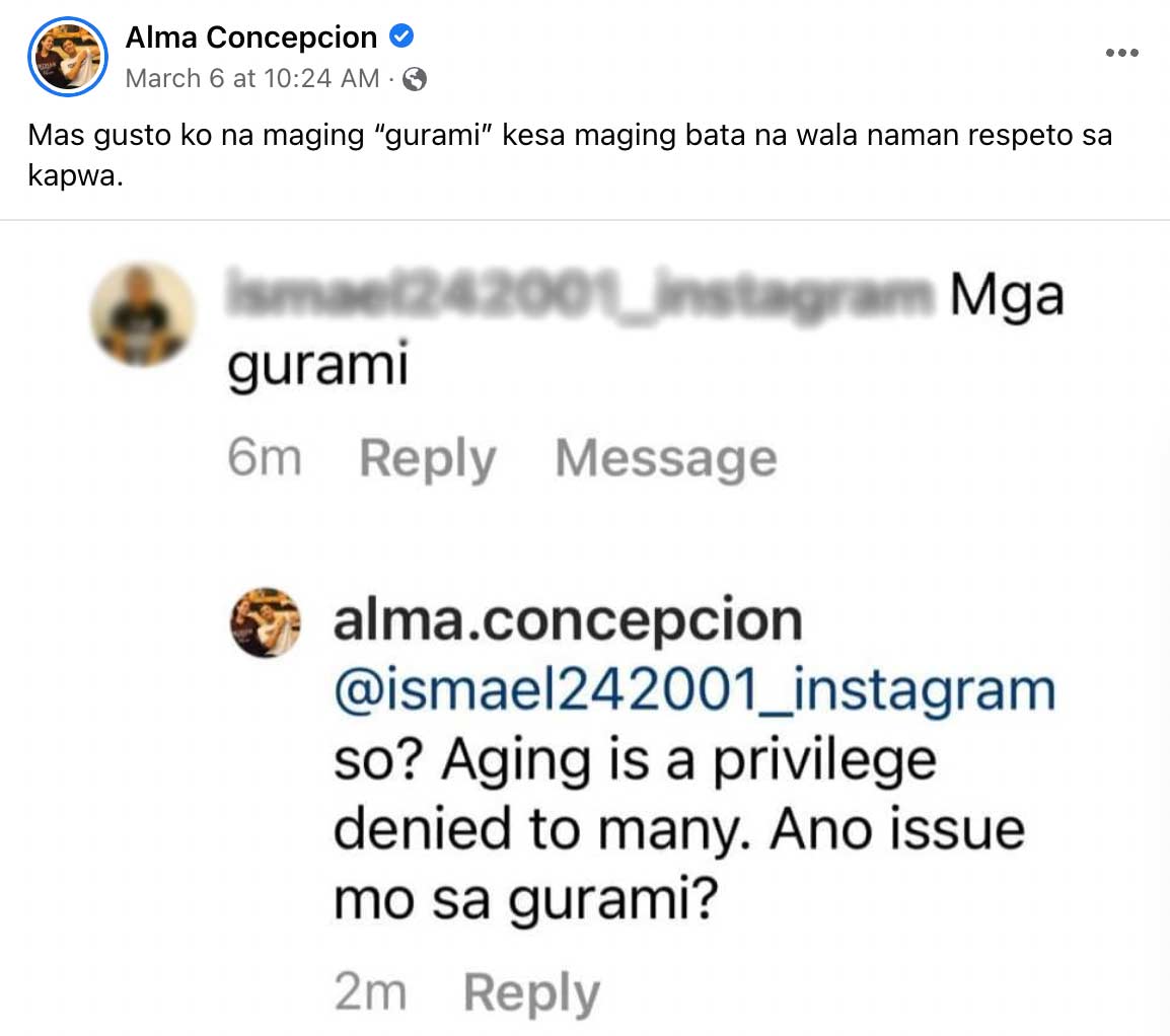 alma concepcion replies to basher who called her old gurami