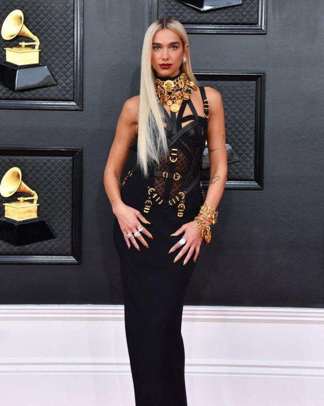 Dua Lipa's black Versace gown at the 2022 Grammys