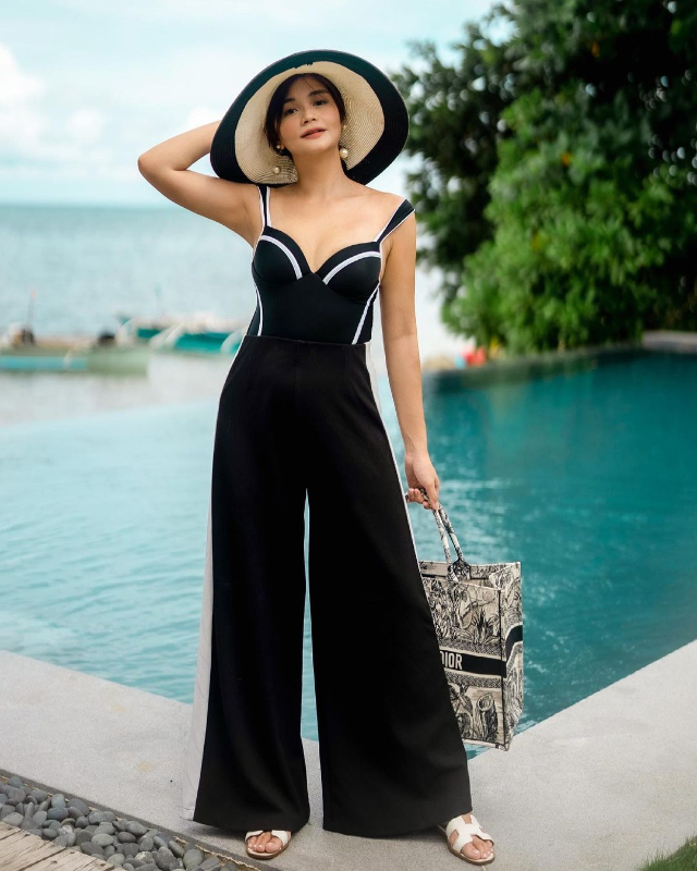 vern enciso wide brim hat maillot wide-legged pants dior tote sandals swimsuit attire