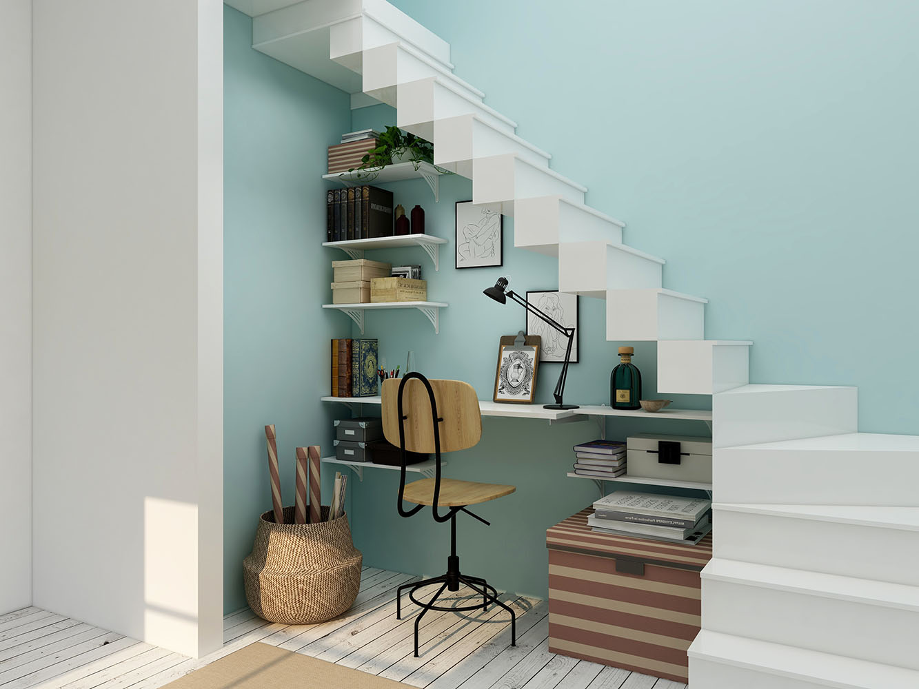 two storey house design with home office under stairs