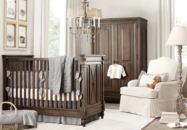 nursery with dark wood furniture