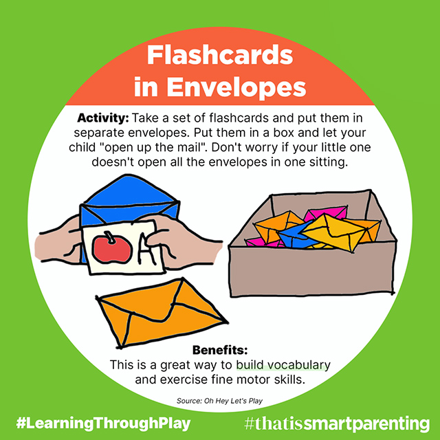 learning through play, flashcards in envelopes, educational activities