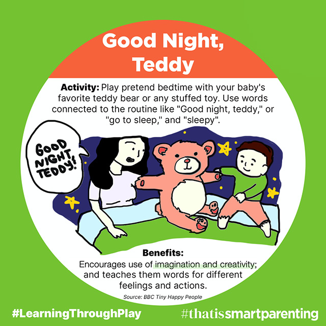 learning through play, goodnight teddy, teddy bear play