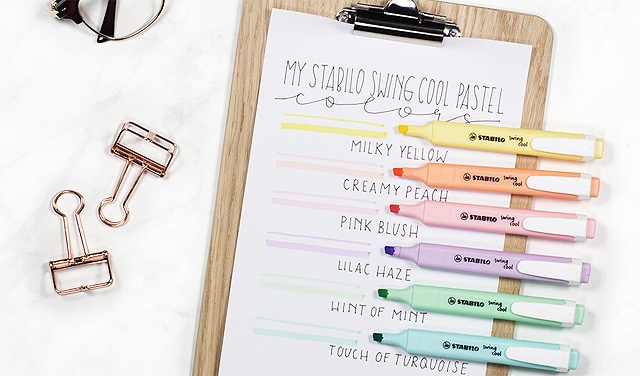 Stabilo Swing Cool Pastel Highlighter Pens - available in Turquoise, Milky  Yellow, Pink Blush, Lilac Haze, Creamy Peach or Hint of Mint.