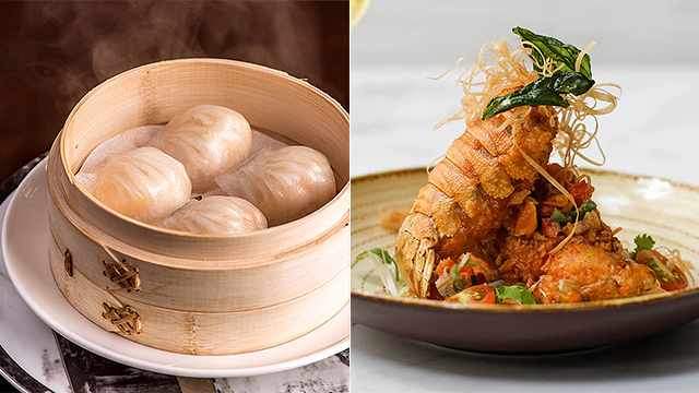 A set of steamed dumplings side by side a plate of fried lobster with butter and salted egg 