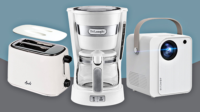 A white toaster, coffee maker, and projector; all for your aesthetic needs.