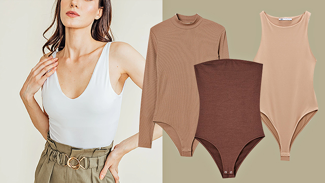 A set of earth-colored bodysuits and the Kana V-Neck Bodysuit from Love, Ara