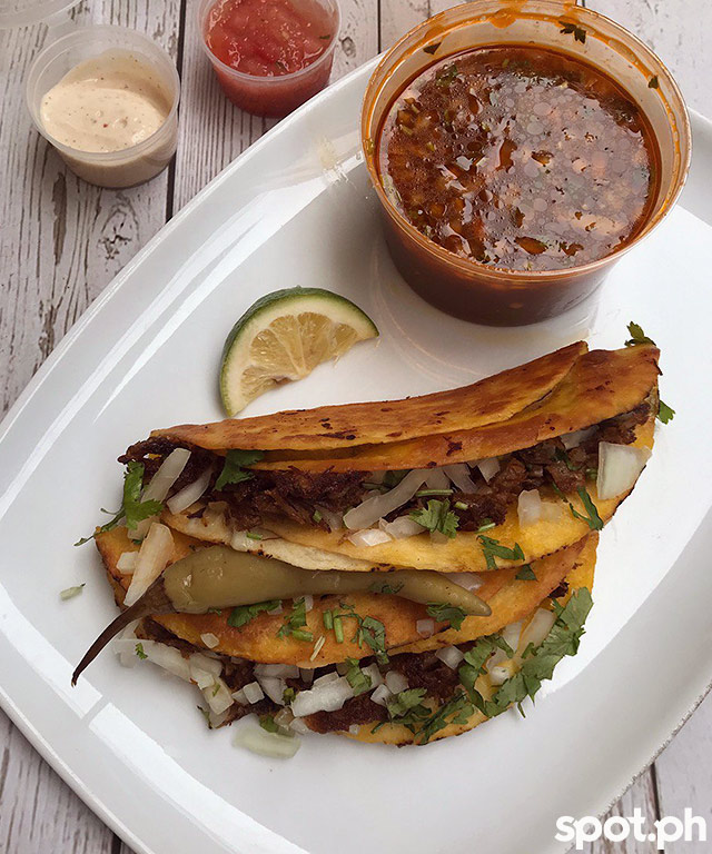 Army Navy's Beef Birria Tacos comes with the consomme and other accompaniments