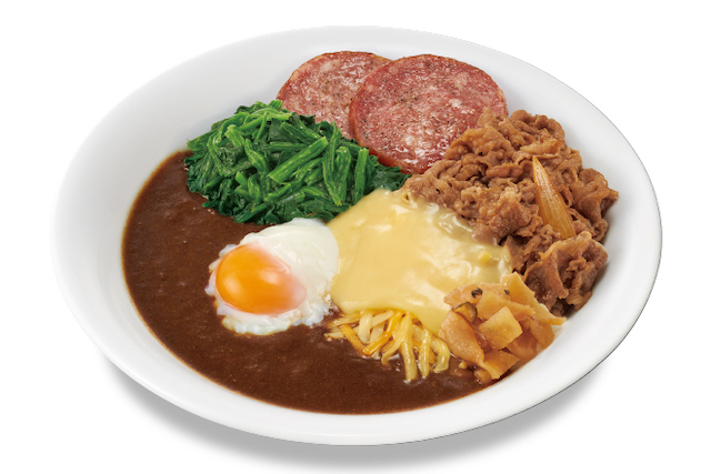 Beef Stock Curry Rice with Beef, Cheese, Spinach, Sausage & Soft-Boiled Egg from Sukiya