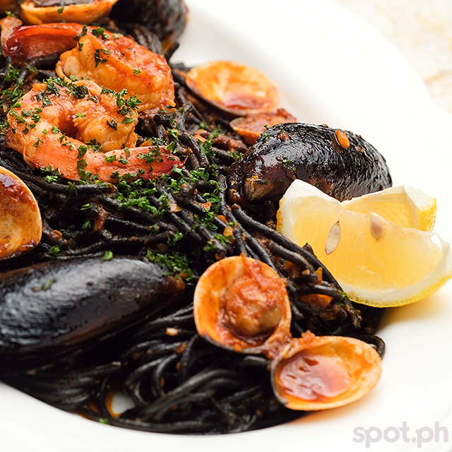 pizzulu bgc, squid ink spaghetti with seafood pasta