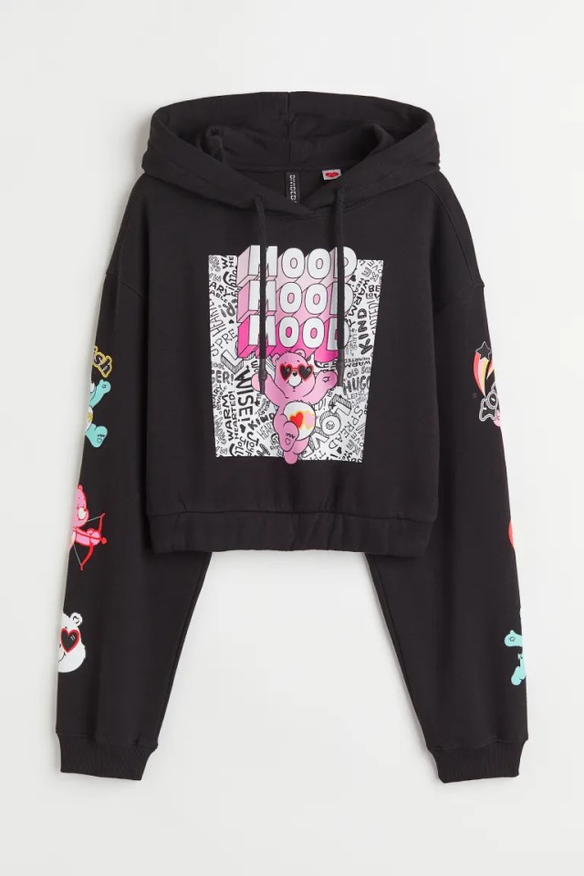 H&M Care Bears Printed cropped hoodie in Black