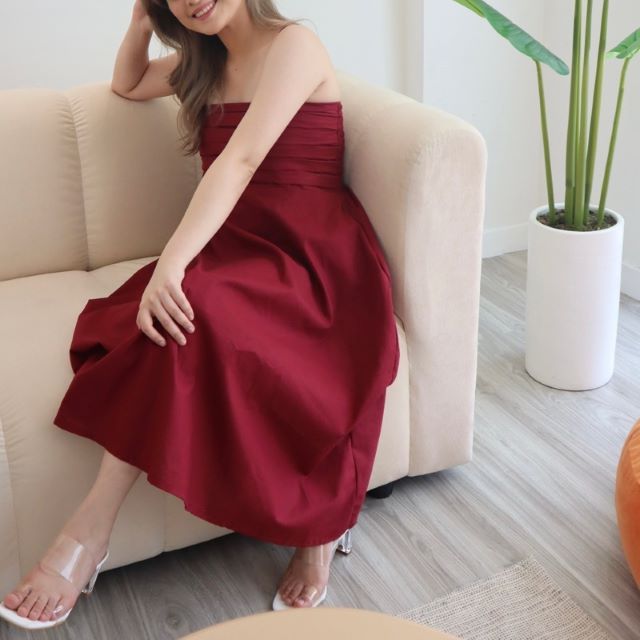 out and about manila maria midi linen dress in red wine