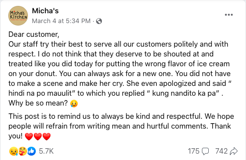 micha's viral facebook post on mean customer