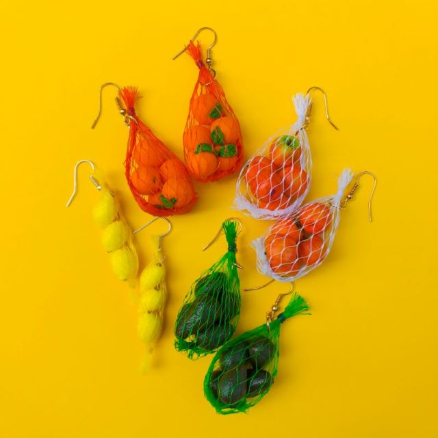 fruit produce bag earrings on a yellow background