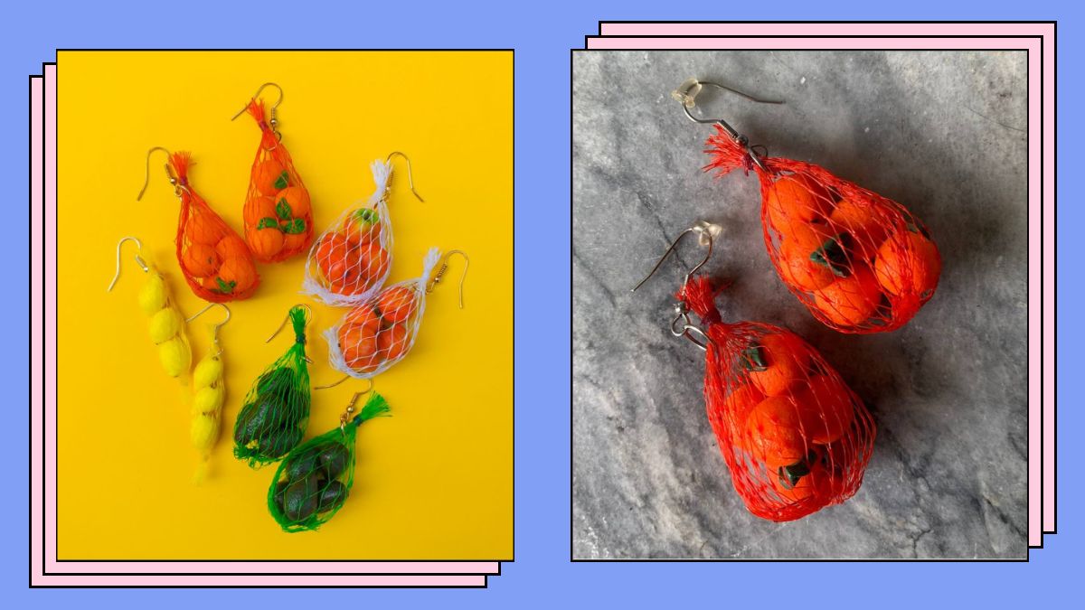 craftlux orange fruit produce market net bag earrings