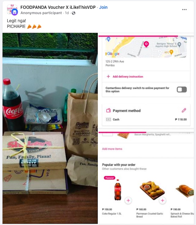 screenshot of someone who ordered using the pichapie code on foodpanda