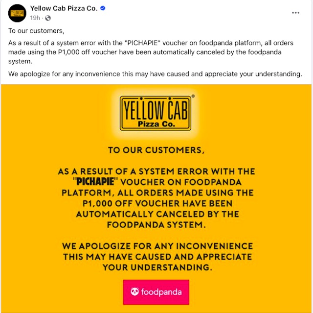 photo of Yellow Cab's announcement on foodpanda's pichapie error