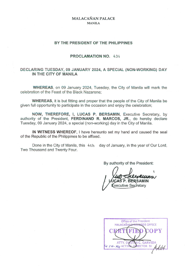 January 9 Is Special NonWorking Day for Manila City Only