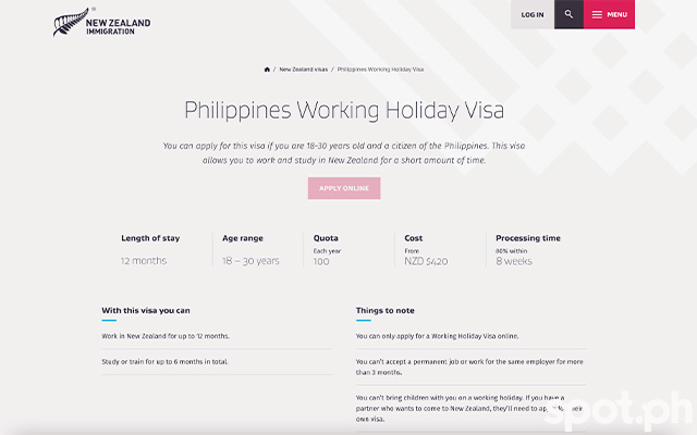Working Hoilday Visa Application Page