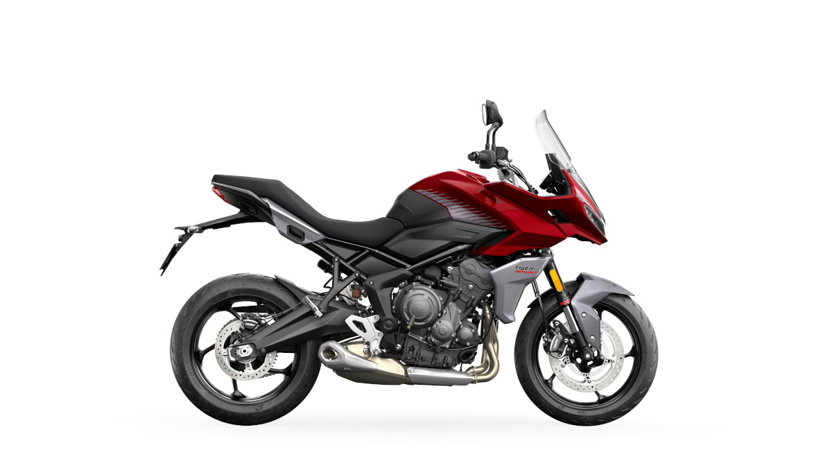 Side view of the red 2022 Triumph Tiger Sport 660