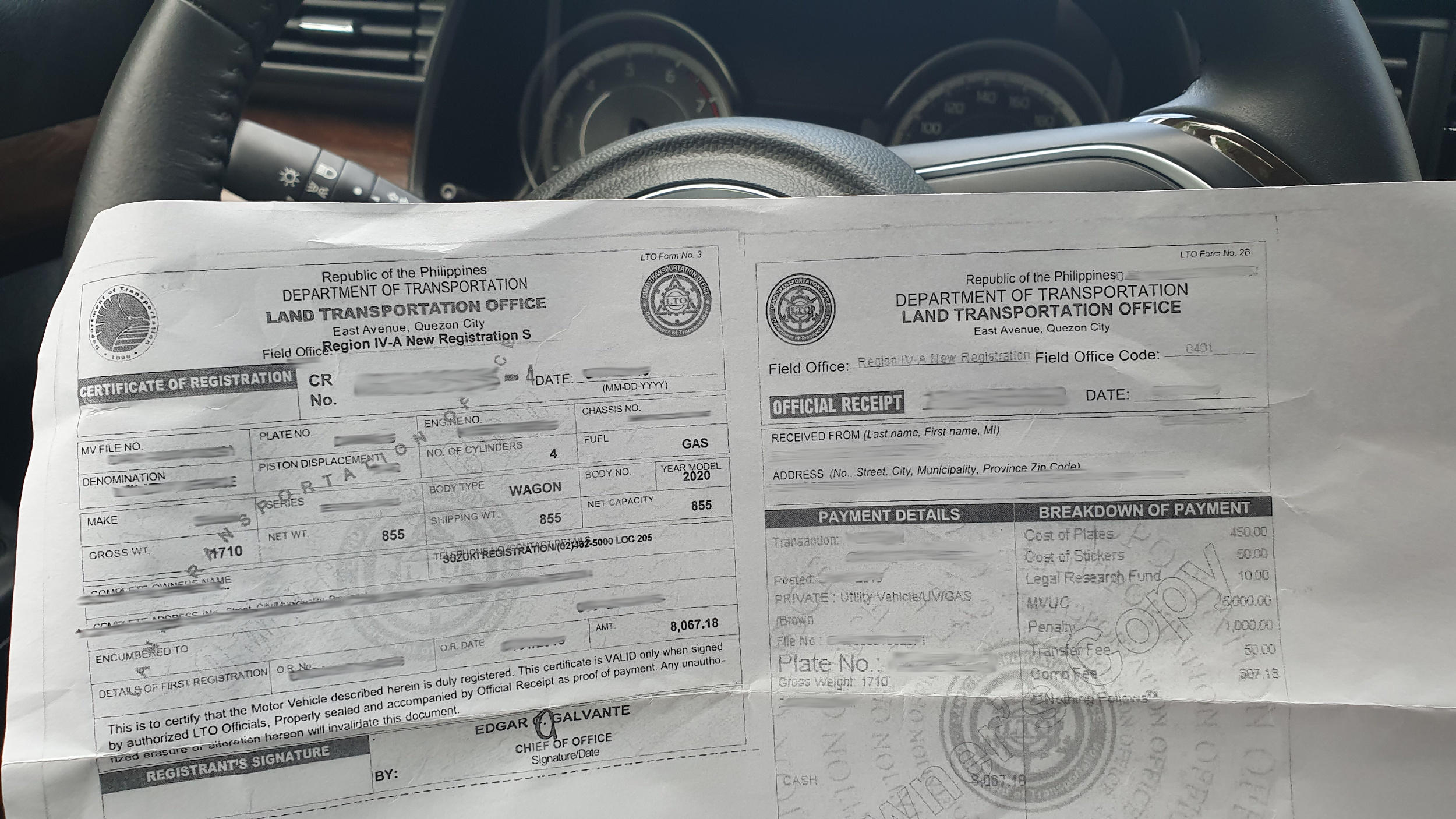 Vehicle registration documents from the Land Transportation Office