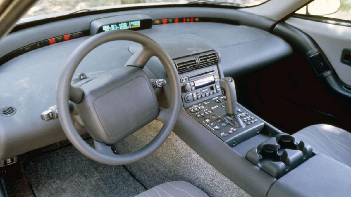 The General Motors EV1 interior feature: dashboard, steering wheel, and center console