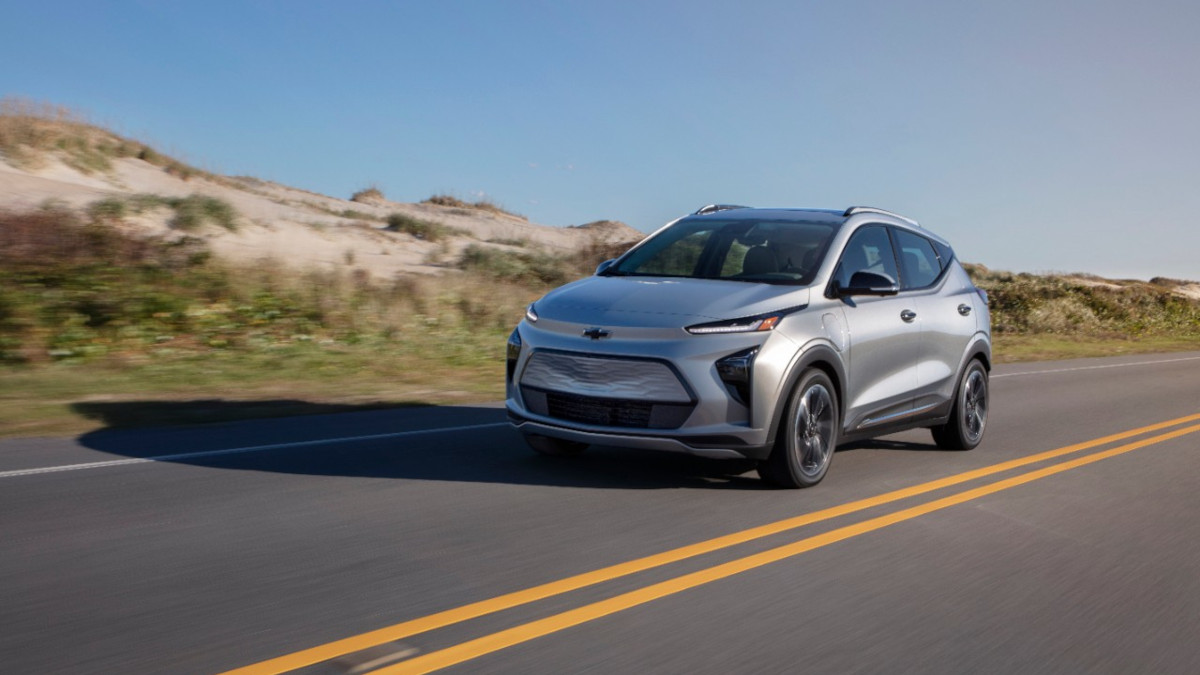 The Chevrolet Bolt on the road front view