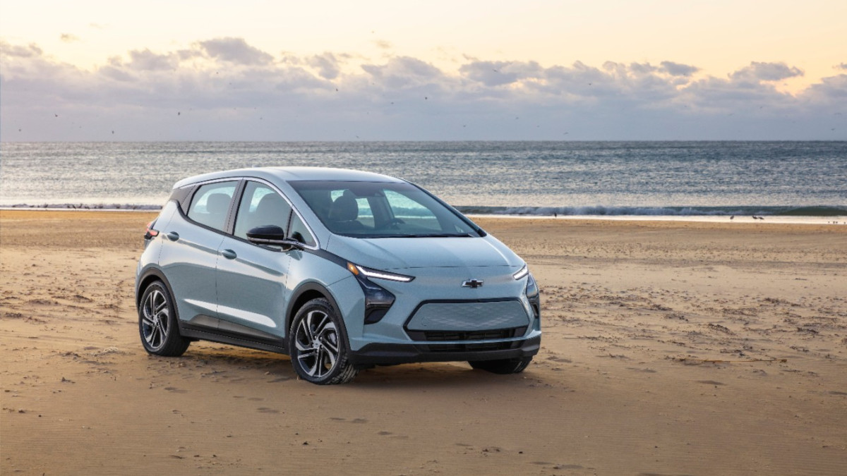 The Chevrolet Bolt with the sea in the background