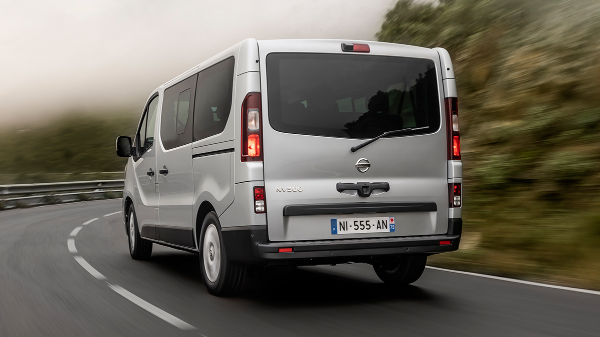 The Nissan NV300 angled rear view on the road