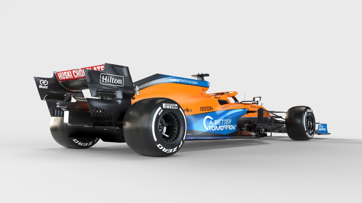 The McLaren MCL35M angled rear view