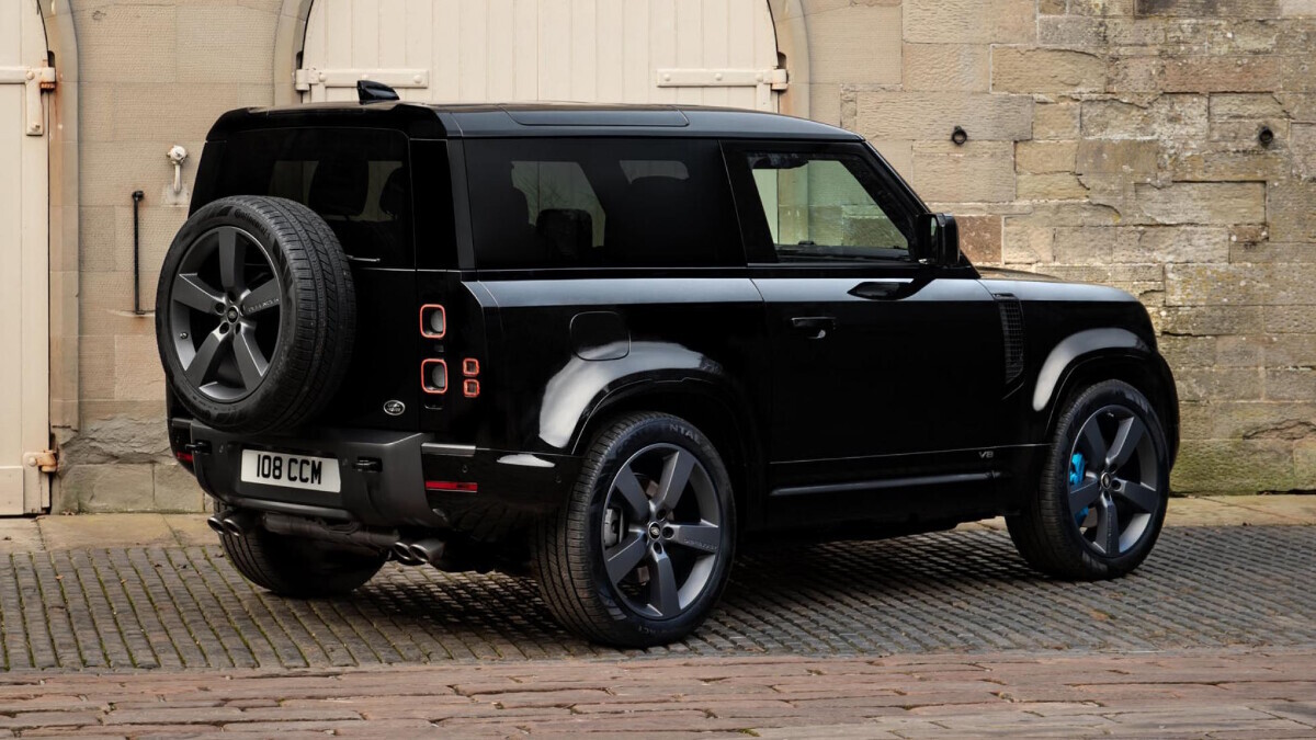 The Land Rover Defender V8 angled rear view