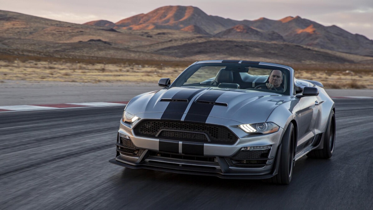 The Shelby Super Snake Speedster front view on the road