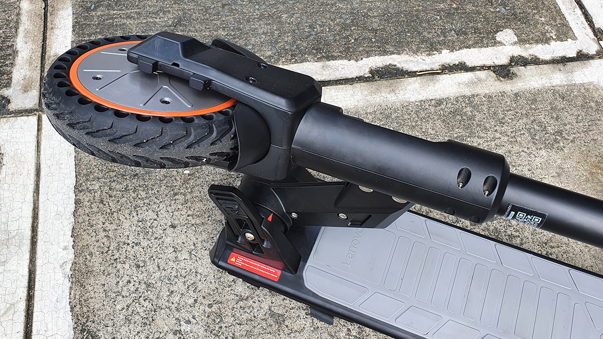 The Lenovo M2 Electric Kick Scooter front wheel and folding mechanism