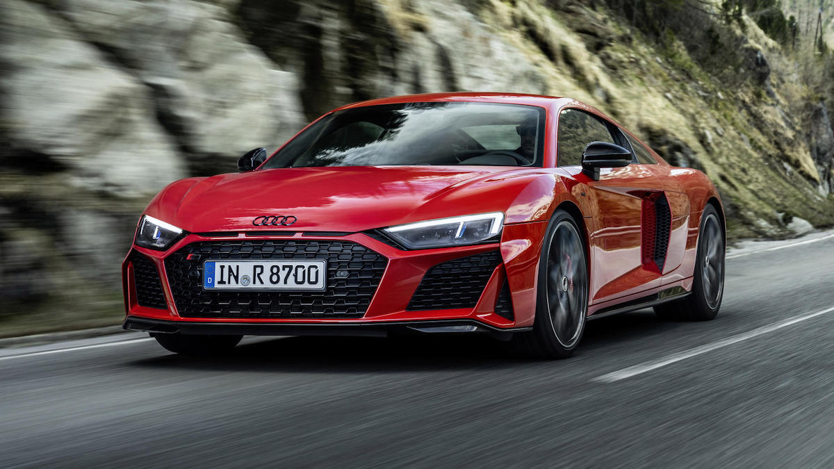 Red 2022 Audi R8 V10 on the road